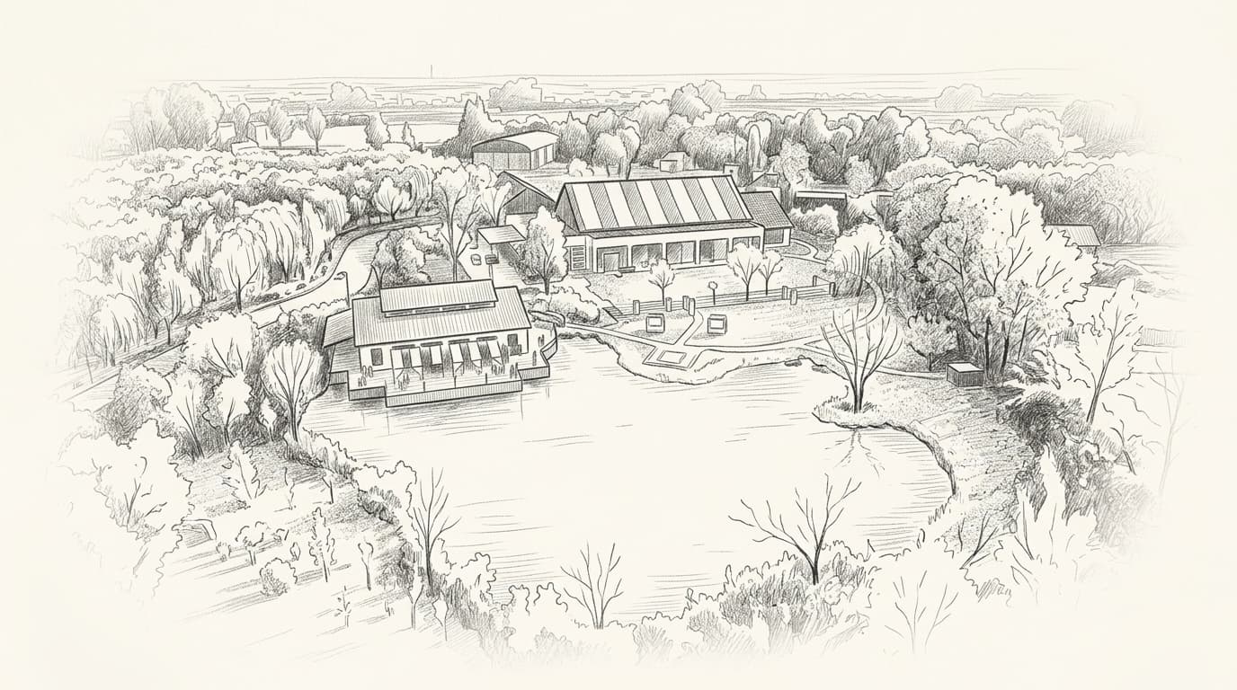 Ilustración a lápiz de Astilleros Milberg: la laguna, el gazebo del muelle y el salón principal con su techo a dos aguas